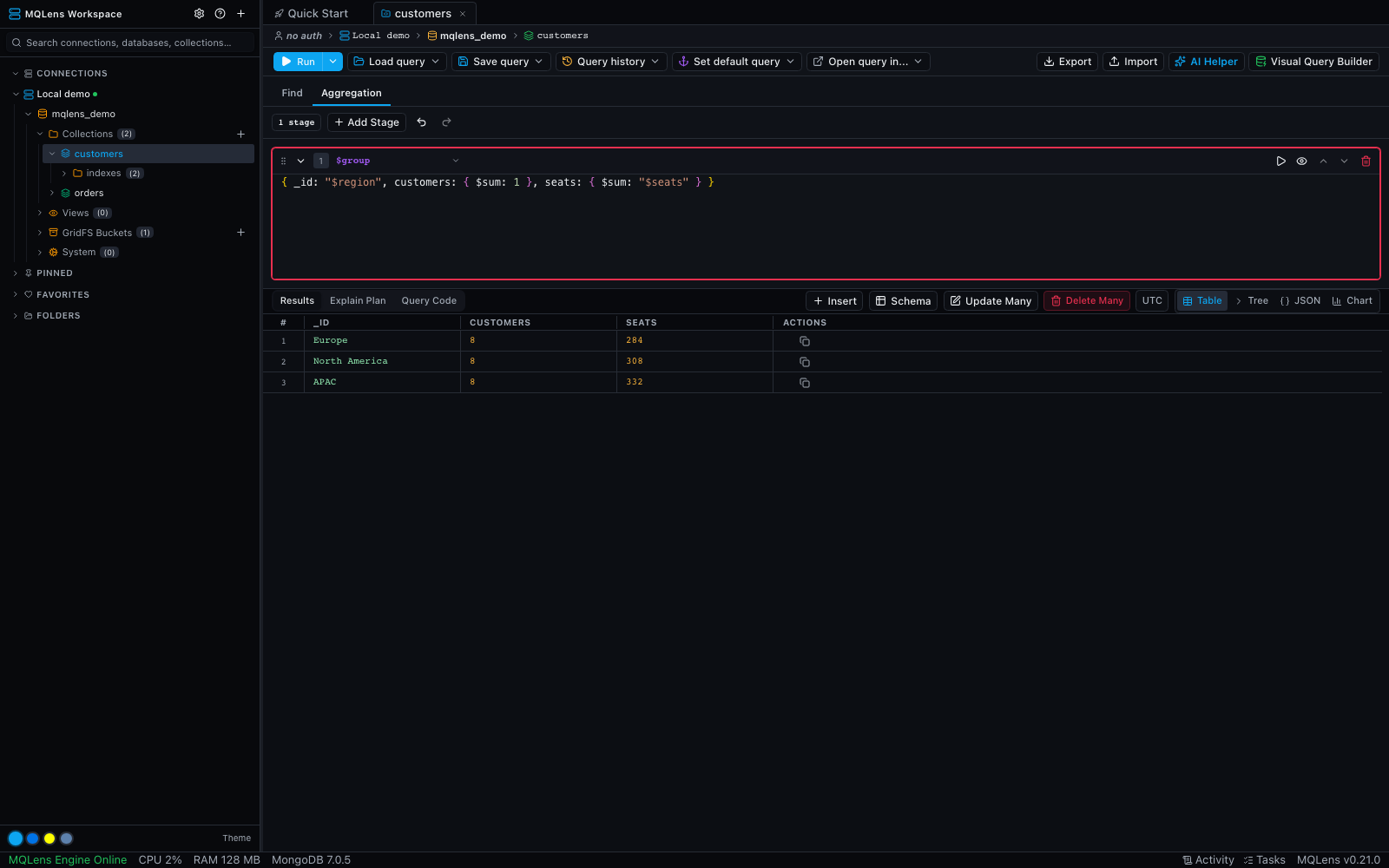 MQLens aggregation pipeline editor with sample results