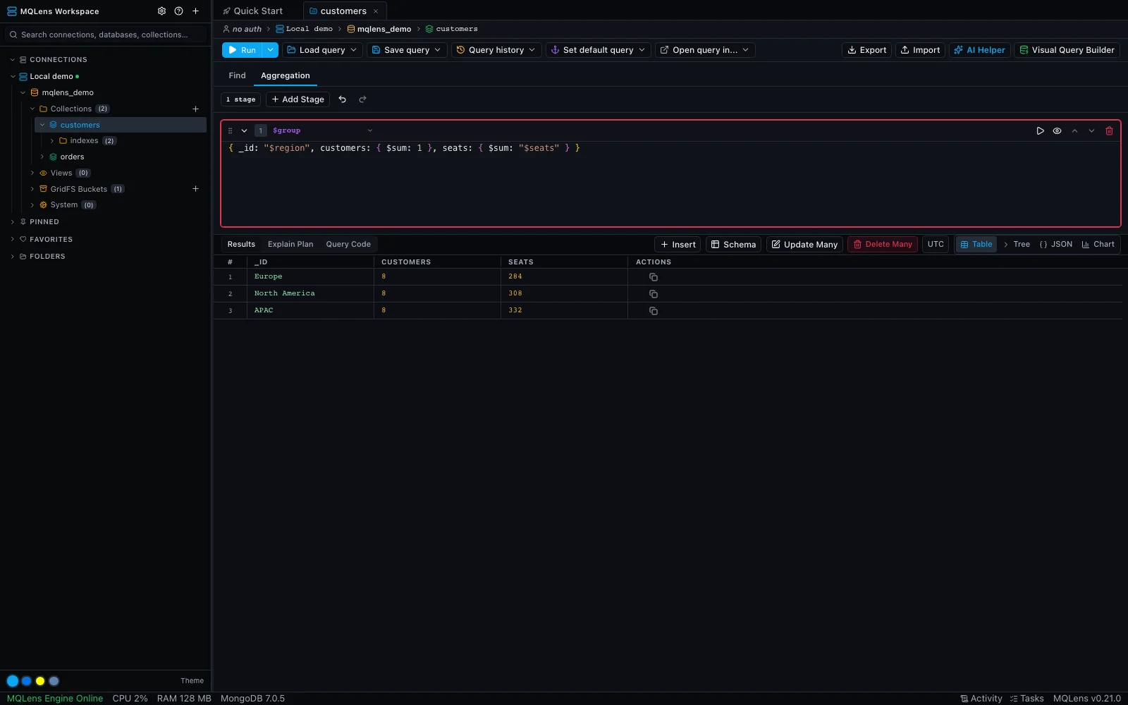 MQLens aggregation pipeline editor with sample results
