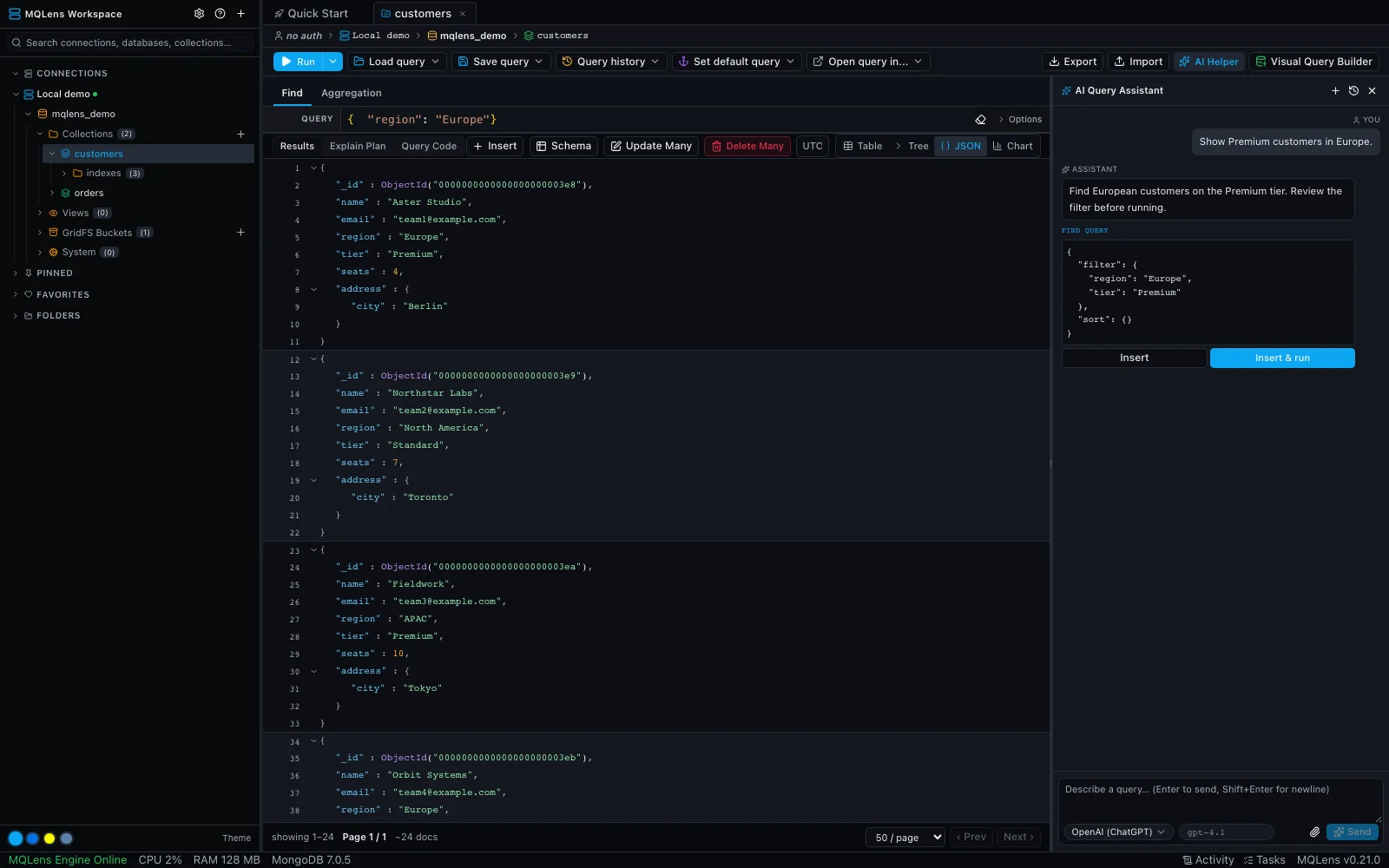 MQLens AI query assistant panel beside MongoDB documents