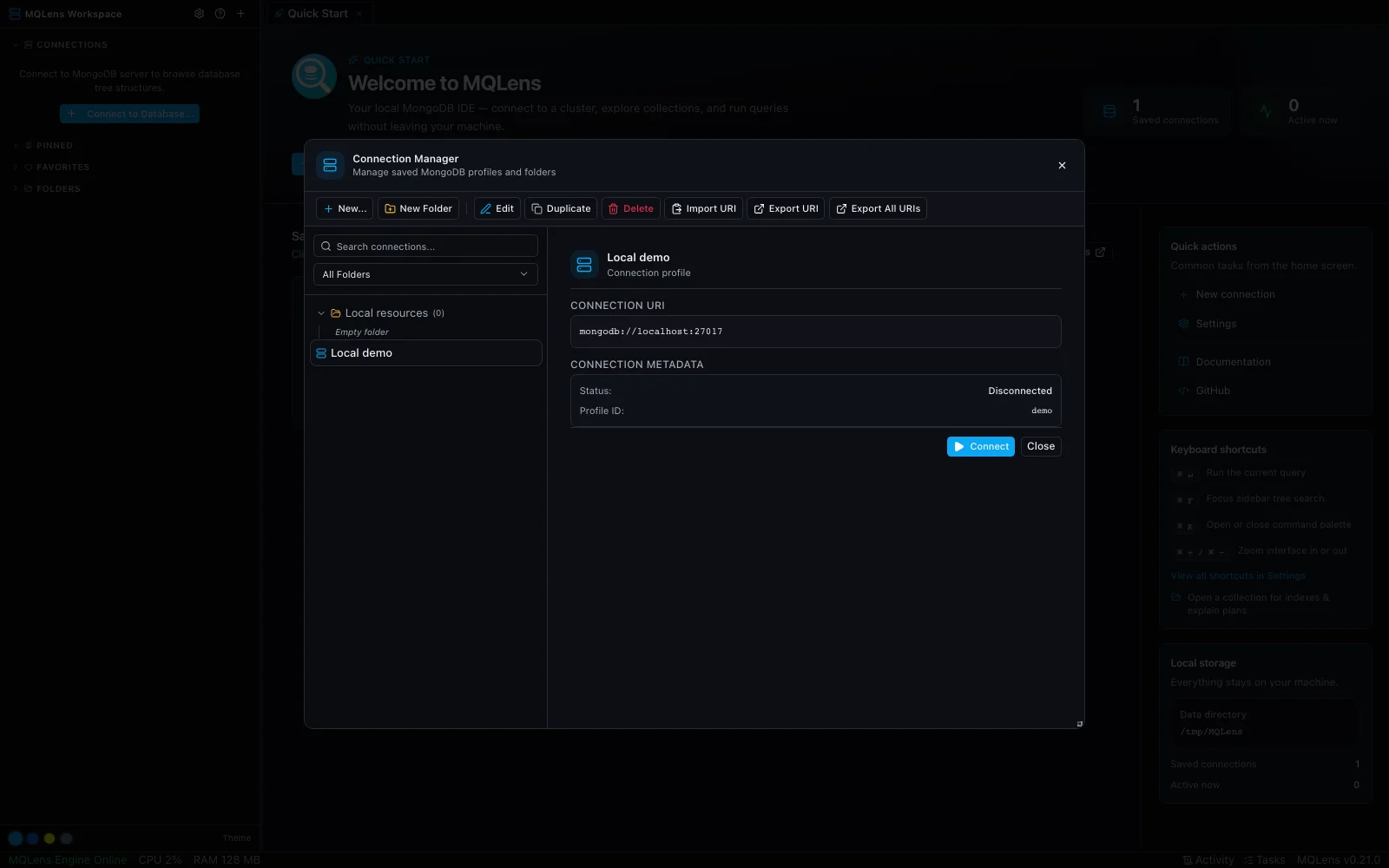 MQLens connection manager with a saved local MongoDB connection