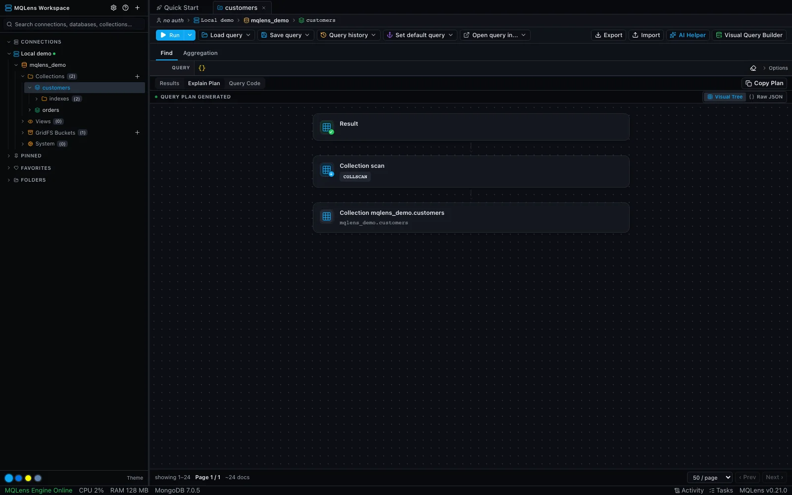 MQLens explain plan with stages and sample execution statistics