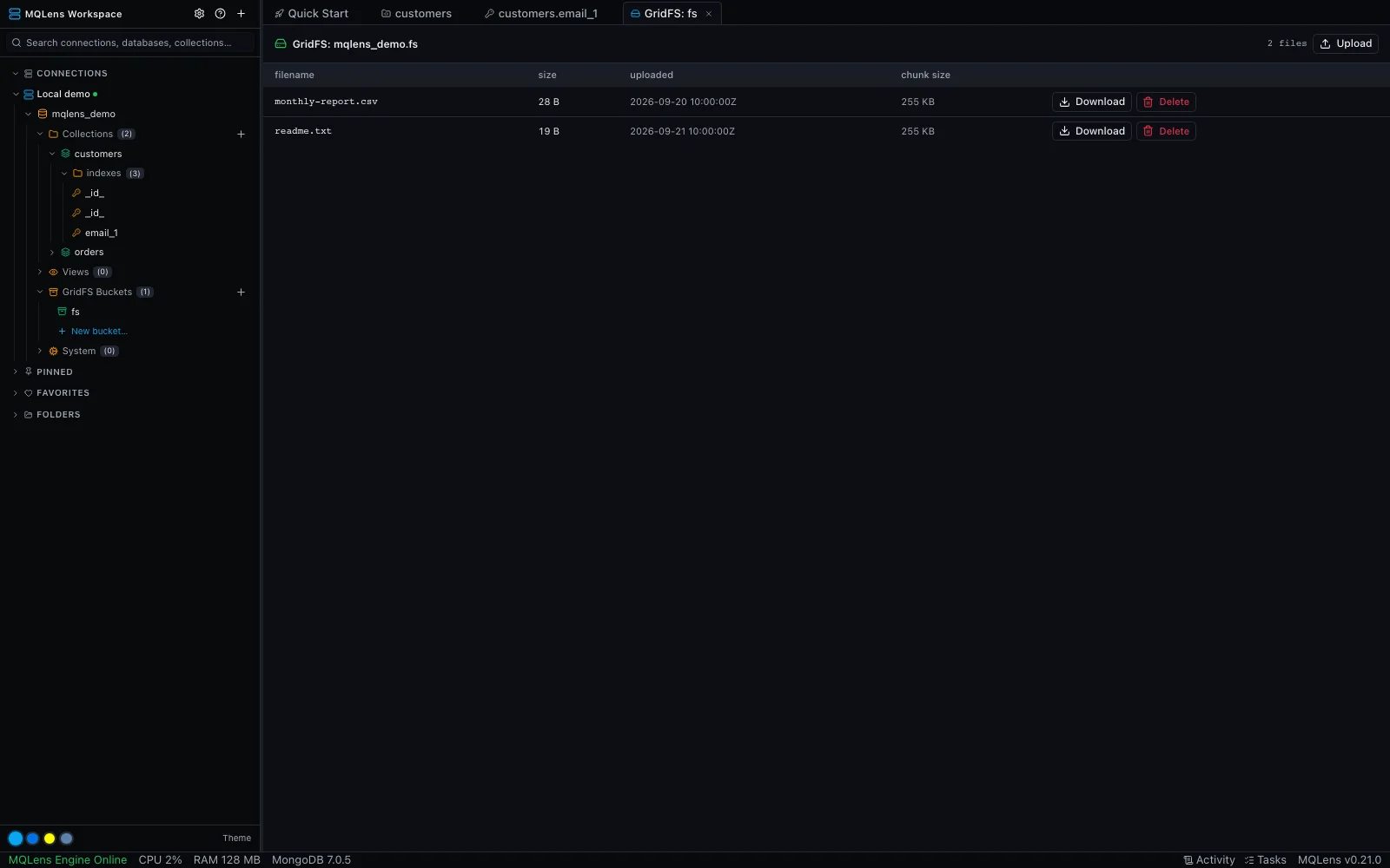 MQLens GridFS browser showing files in a bucket