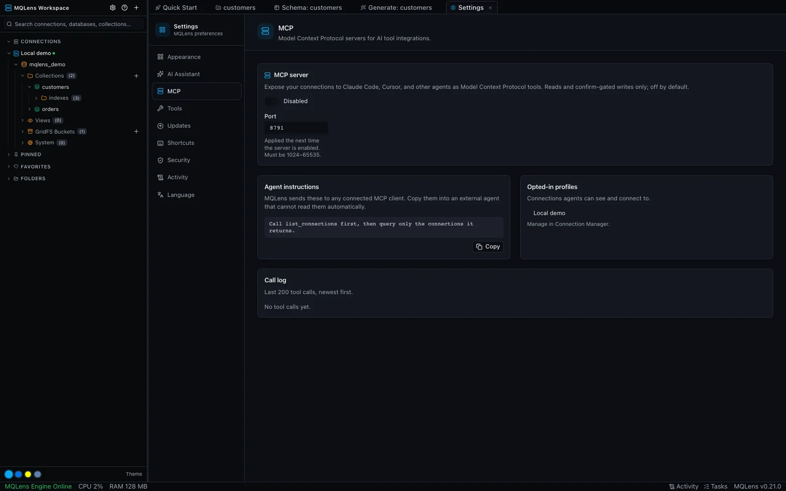 MQLens MCP settings with explicit connection controls
