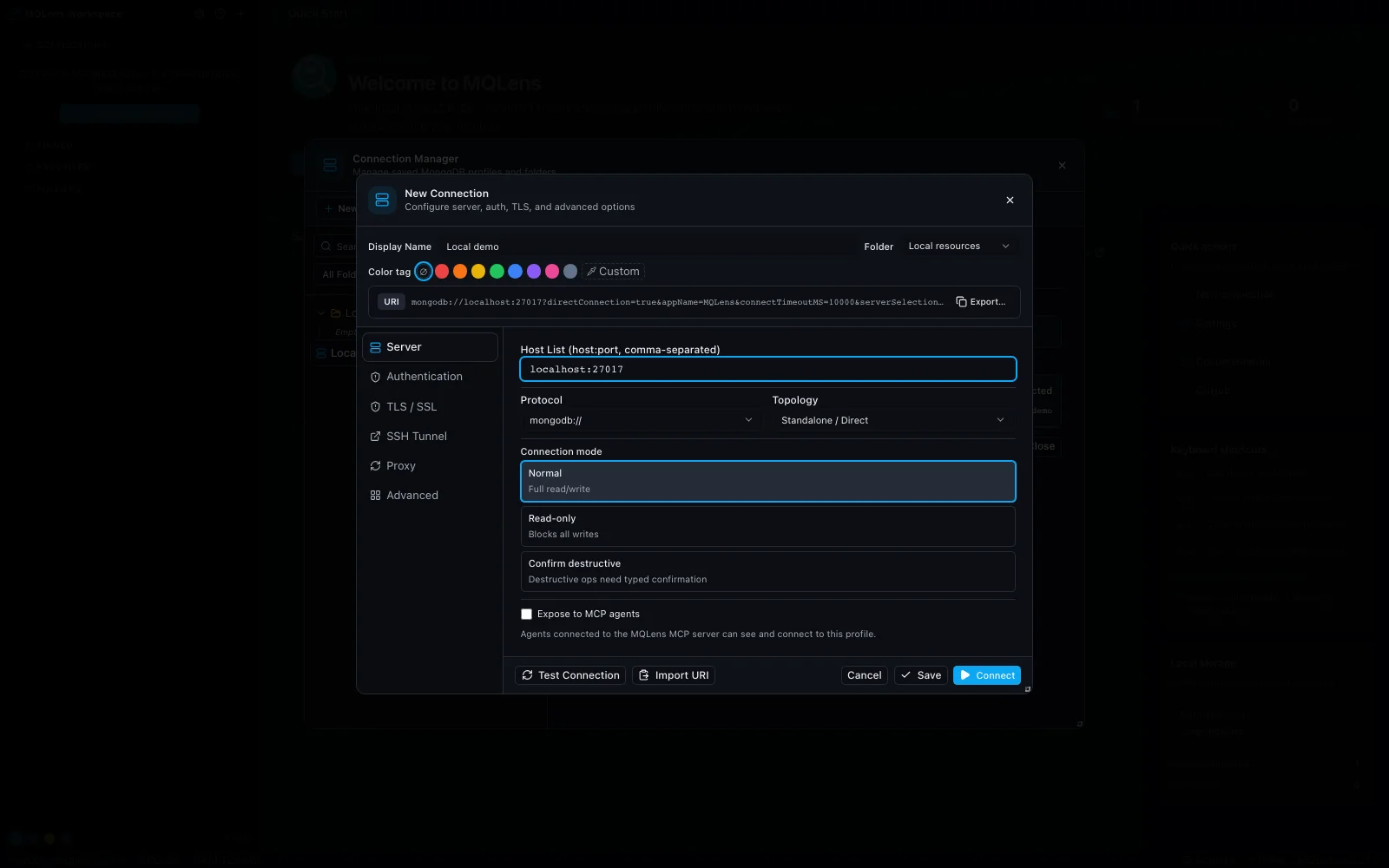 MQLens new connection dialog configured for a local MongoDB