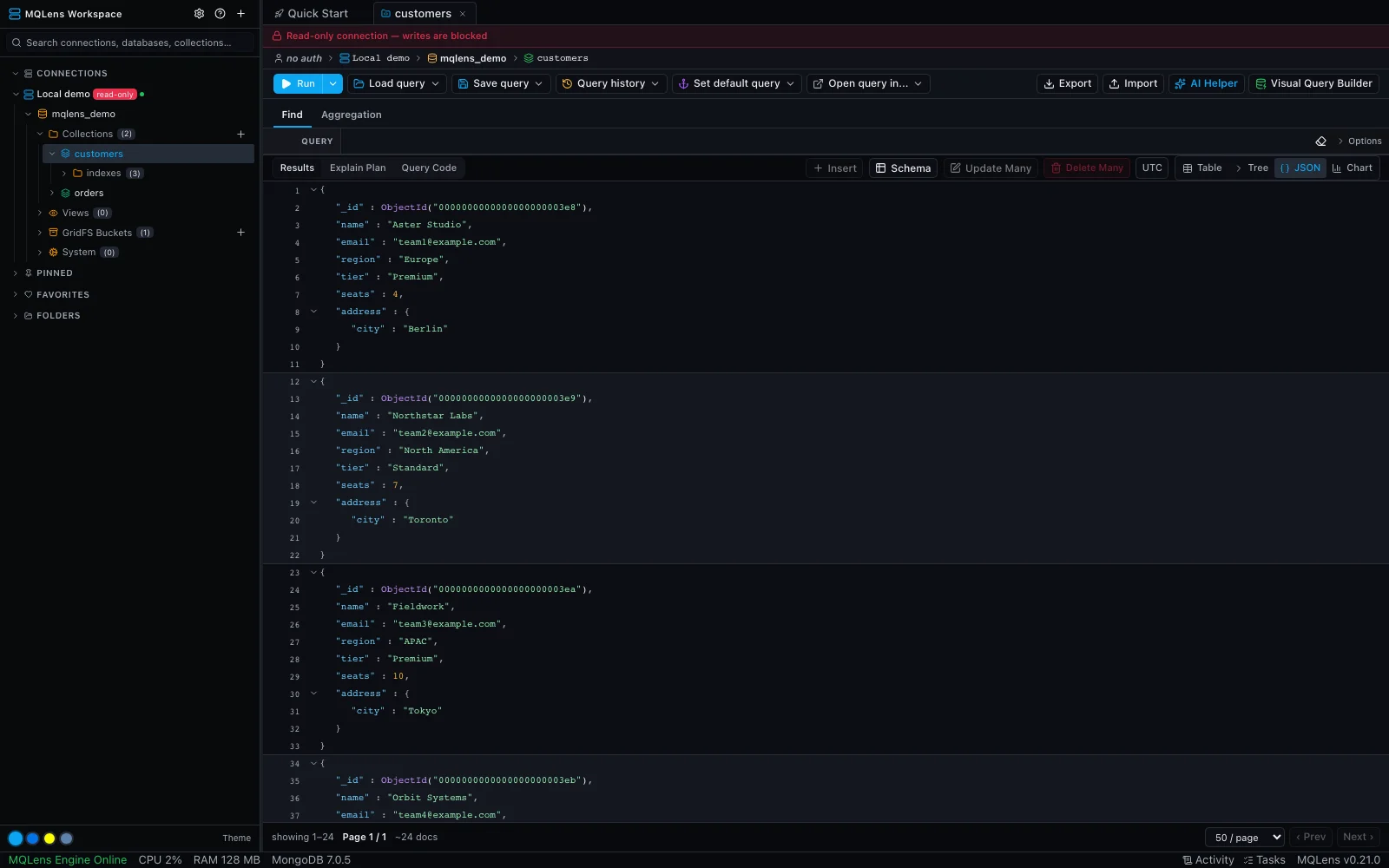 MQLens read-only connection and document workspace