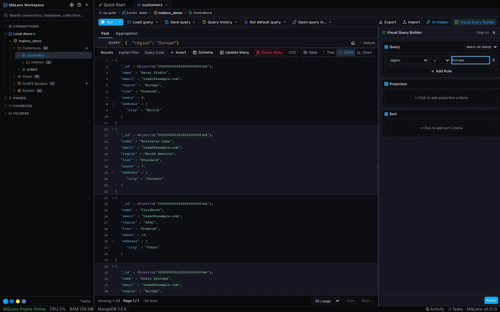 MQLens visual query builder beside MongoDB documents